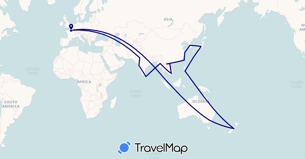 TravelMap itinerary: driving in Australia, China, France, India, Japan, Cambodia, South Korea, Laos, Sri Lanka, Myanmar (Burma), Malaysia, New Zealand, Philippines, Thailand, Taiwan, Vietnam (Asia, Europe, Oceania)