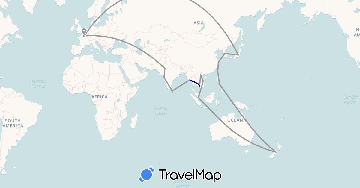 TravelMap itinerary: driving, plane in Australia, China, France, India, Japan, Cambodia, South Korea, Sri Lanka, Myanmar (Burma), New Zealand, Philippines, Singapore, Thailand, Taiwan, Vietnam (Asia, Europe, Oceania)